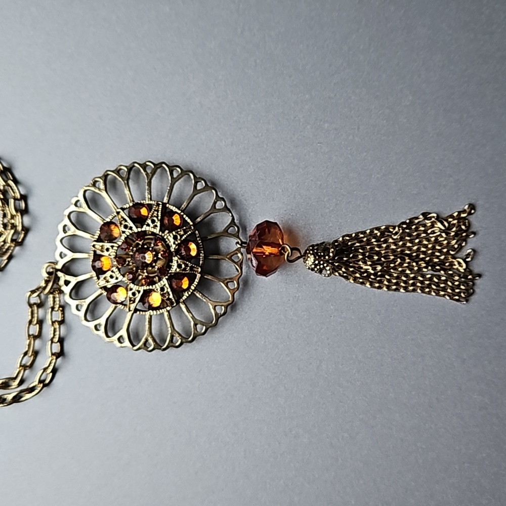 Daisy Fuentes Pendant Necklace with Rhinestones and Chain Tassel